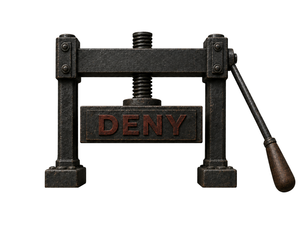 A worn cast-iron HANGDOG press with a large DENY platen and wooden pull lever